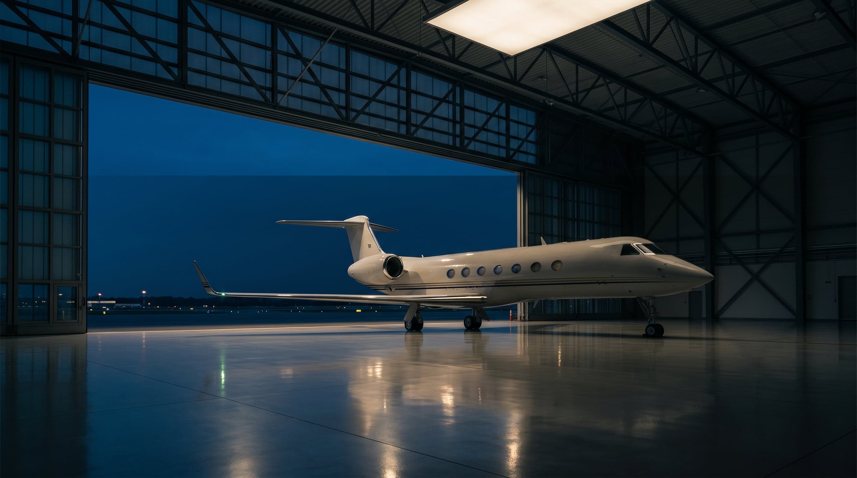 A private business jet inside a modern hangar at dusk