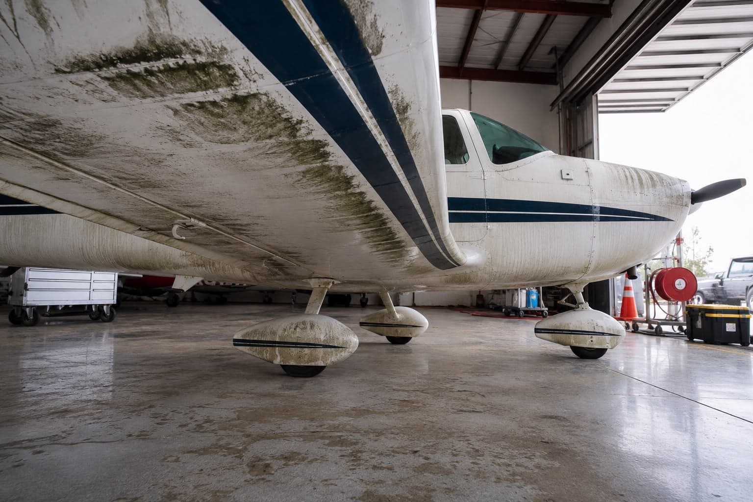A jet's painted fuselage, dull and hazed, before correction