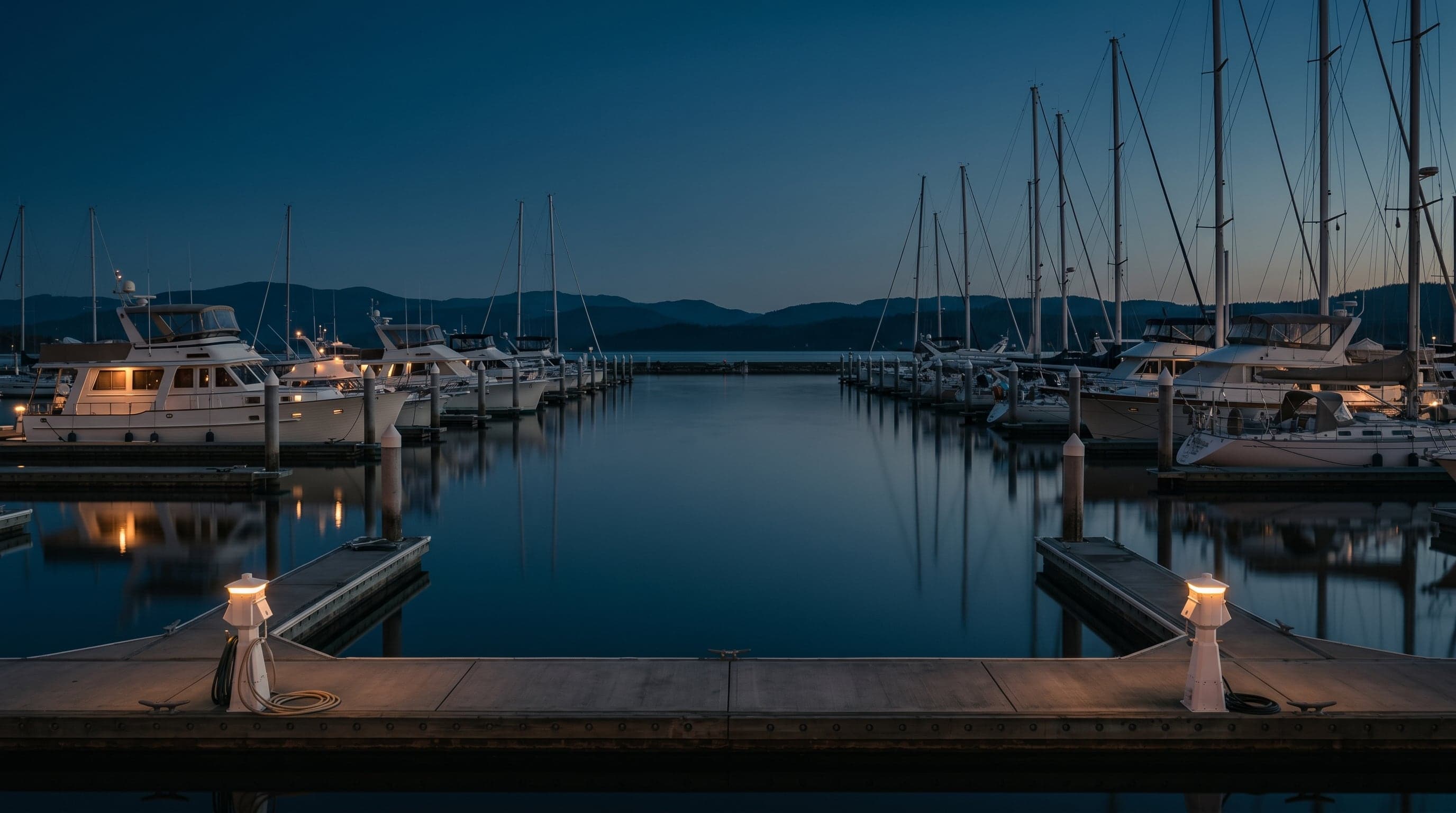 A serene luxury marina at dusk