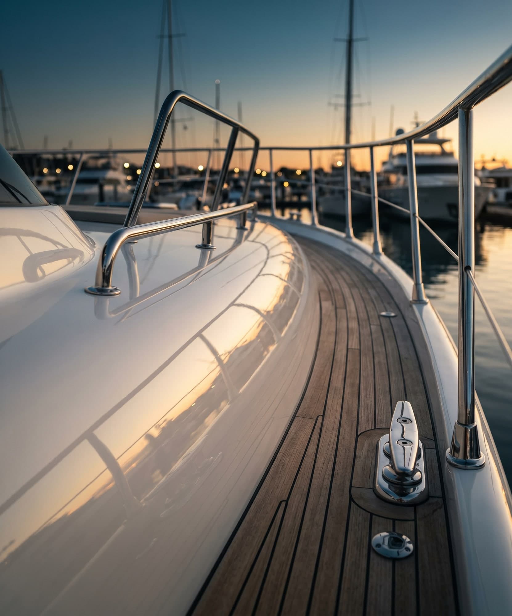 Gleaming topside of a freshly preserved motor yacht at dusk
