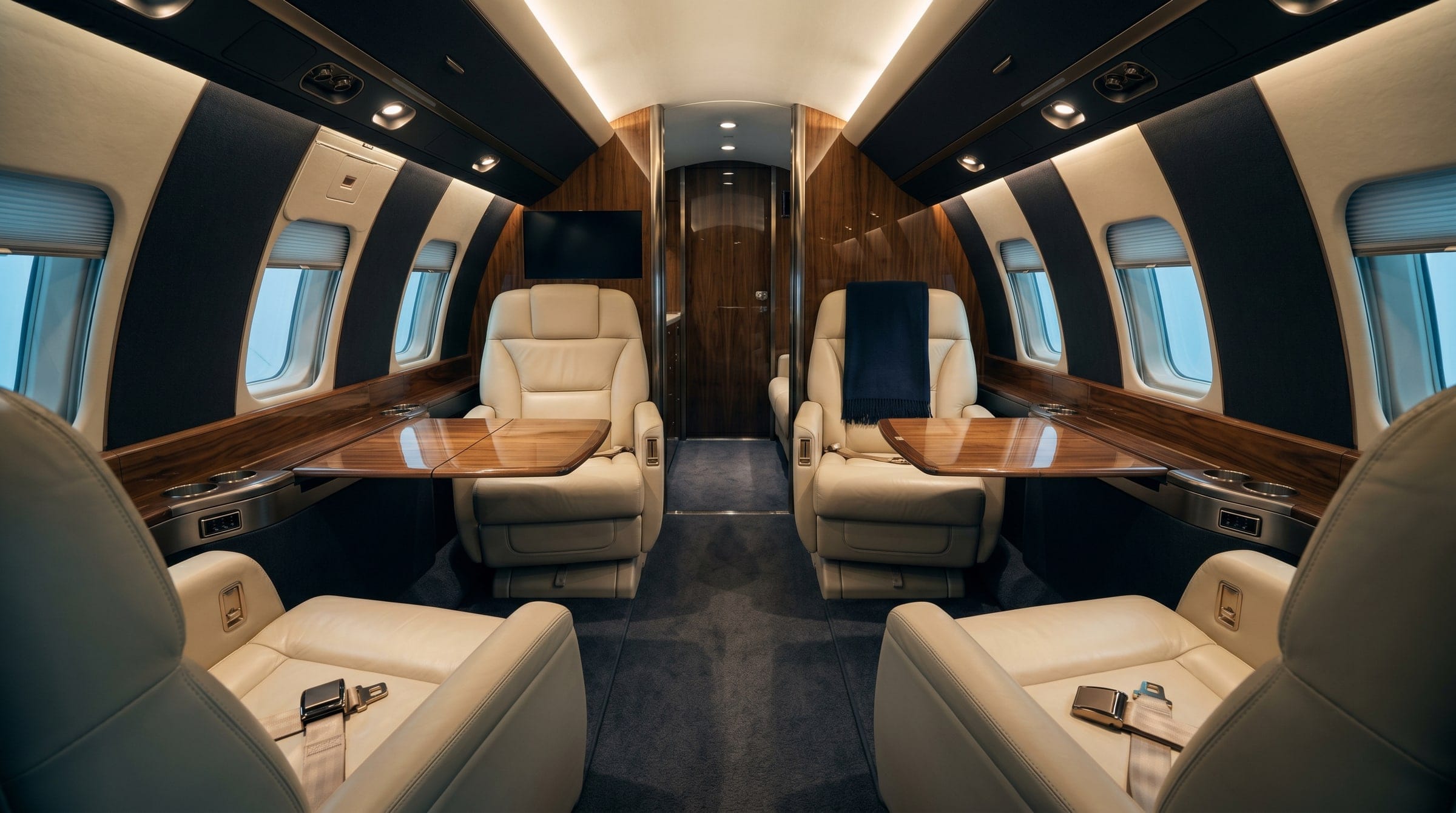 Private jet cabin interior, detailed and protected