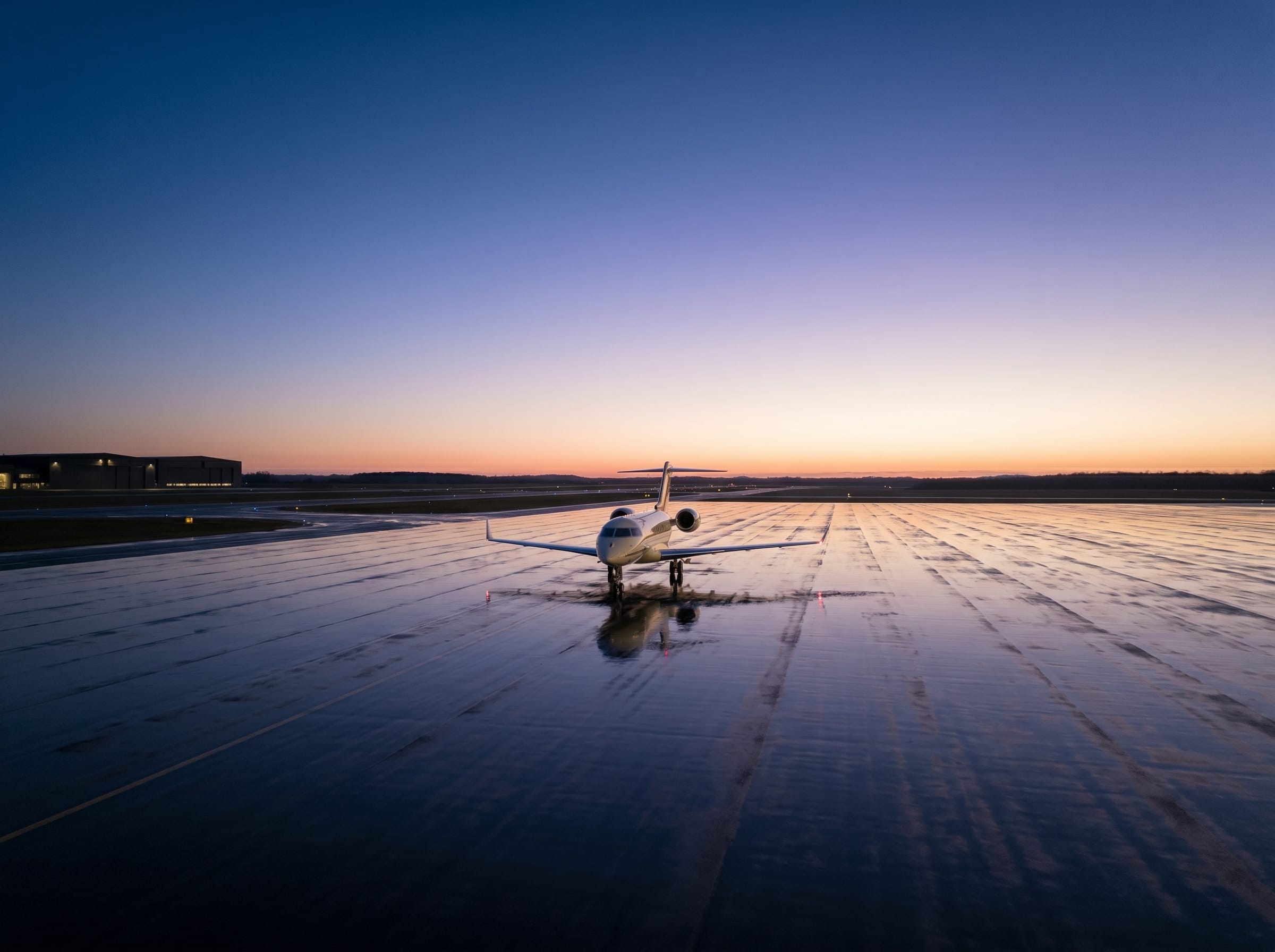 A private jet on a mirror-still apron at blue hour with a clean reflection