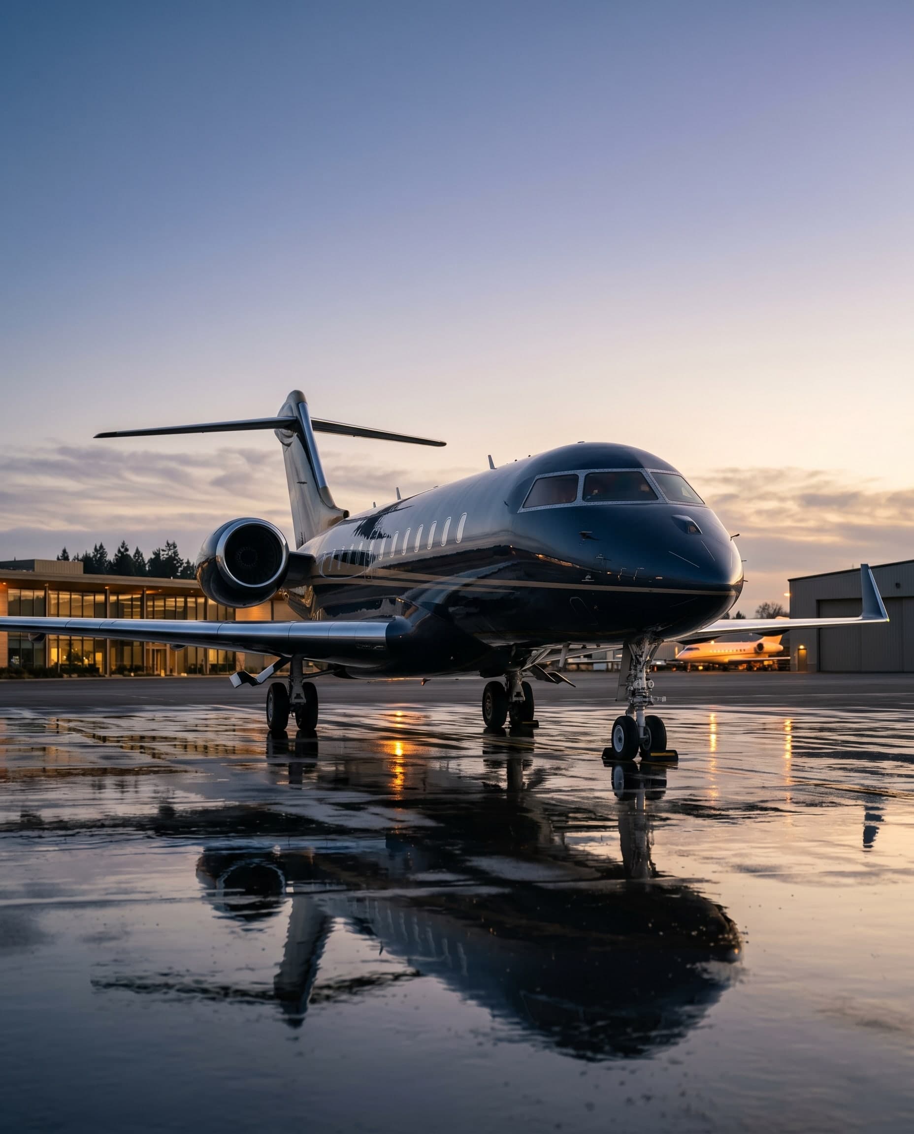 A private jet at rest on a mirror-wet apron at golden hour