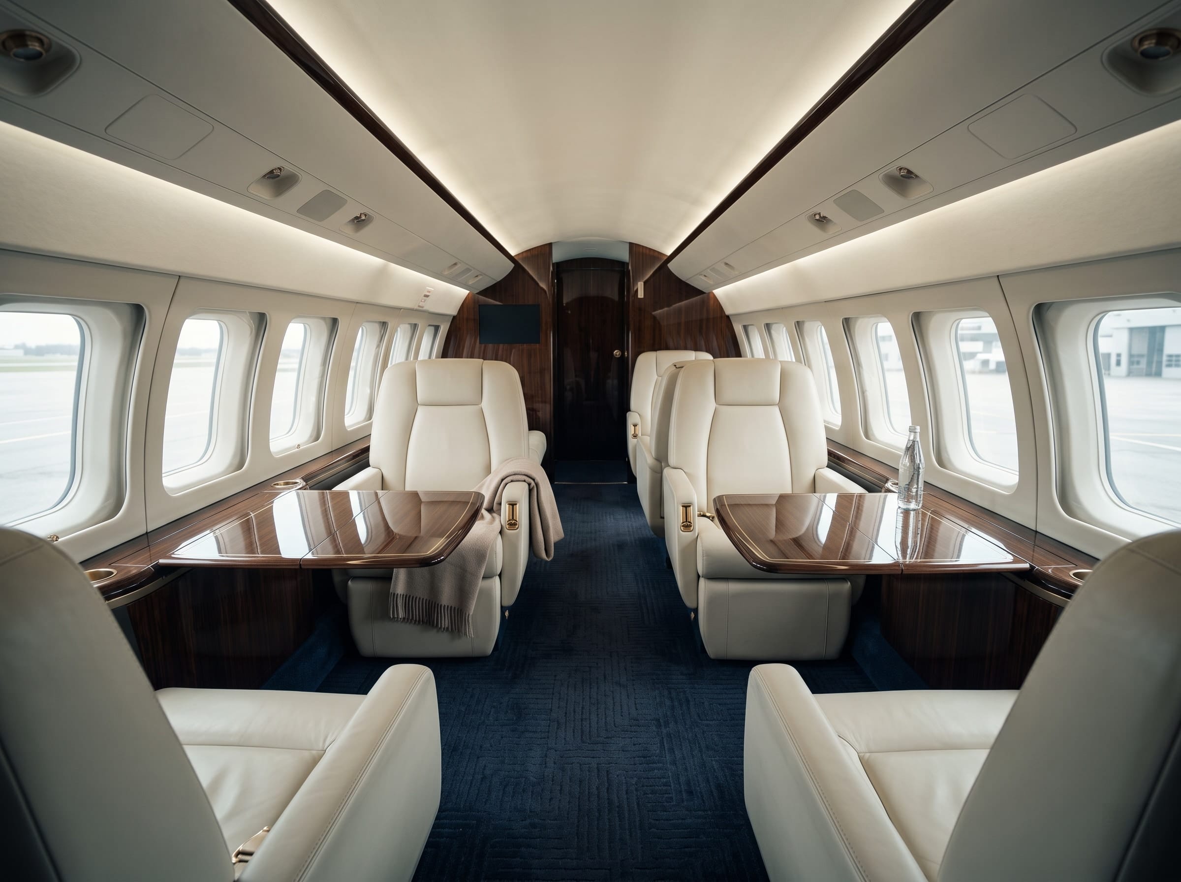 An immaculate private jet cabin interior, freshly preserved and ready for passengers