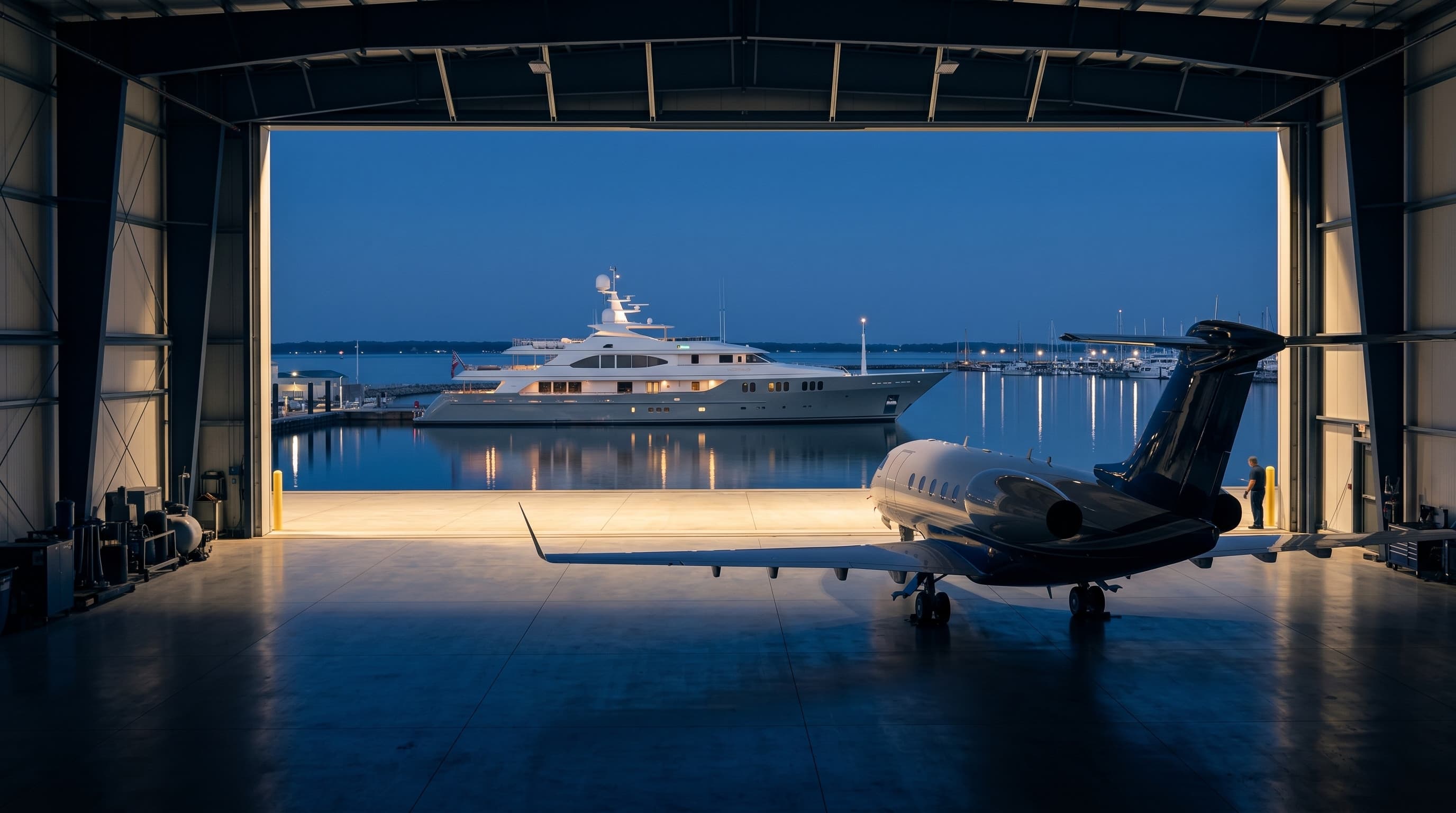 A private jet inside a hangar opening onto a moored superyacht at blue hour