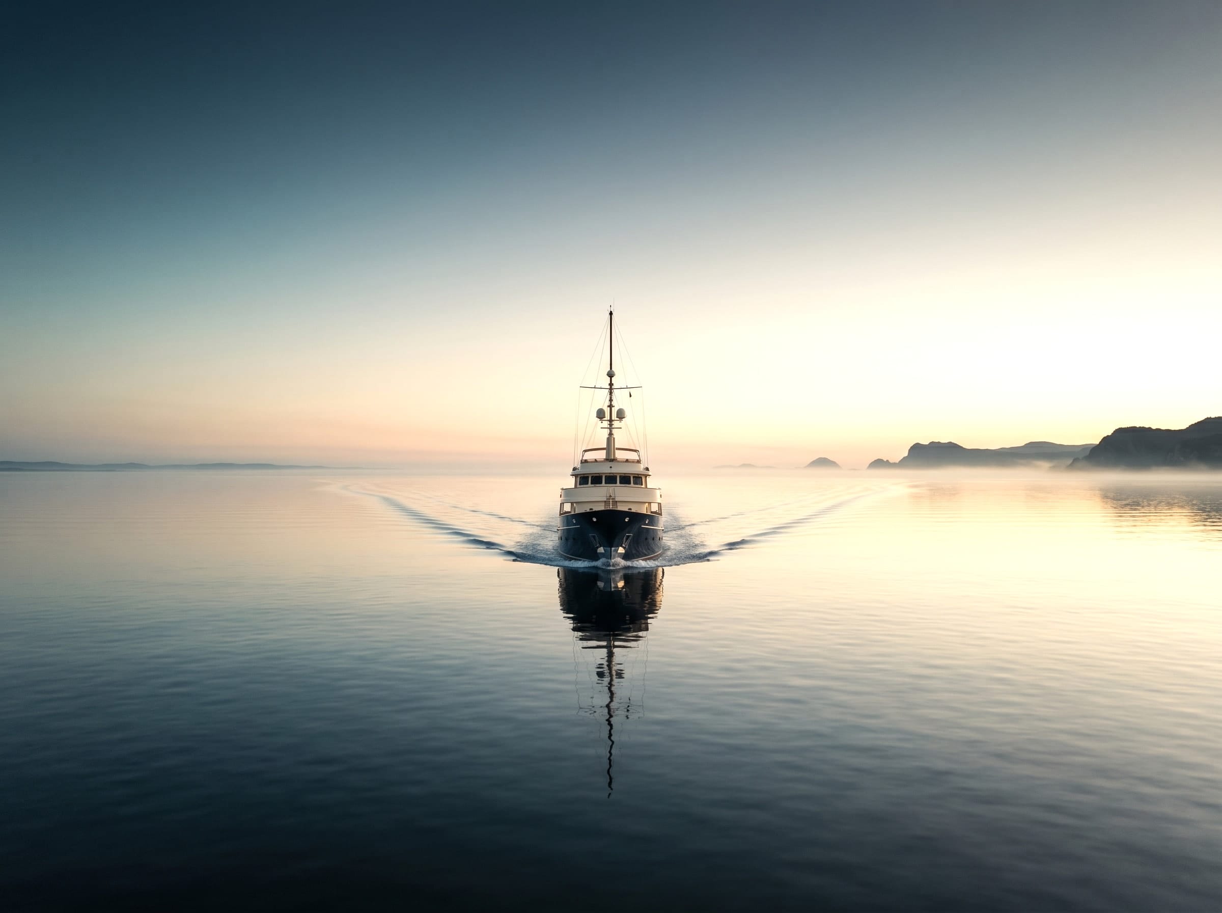 A lone superyacht on glass-calm water at dawn, a misty mountain headland behind